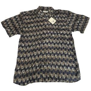 VTG NWT 80s Summa Shirt Silk Mens Navy Cream Tan Paisley Geometric Sz M